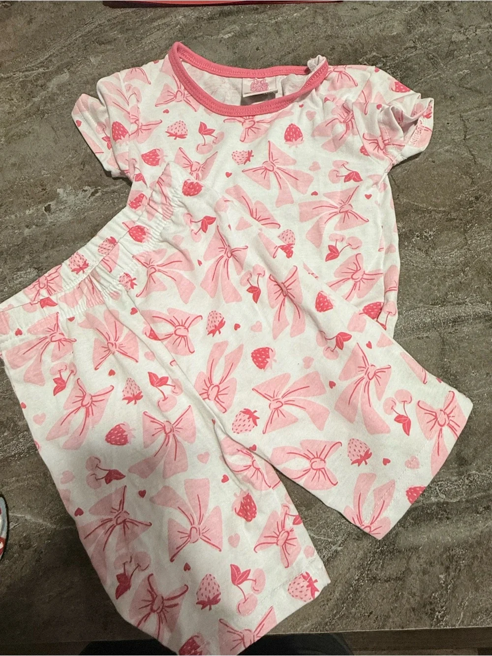 Girls Pink Bow & Strawberry Print Short Pajama Set - Soft Cotton